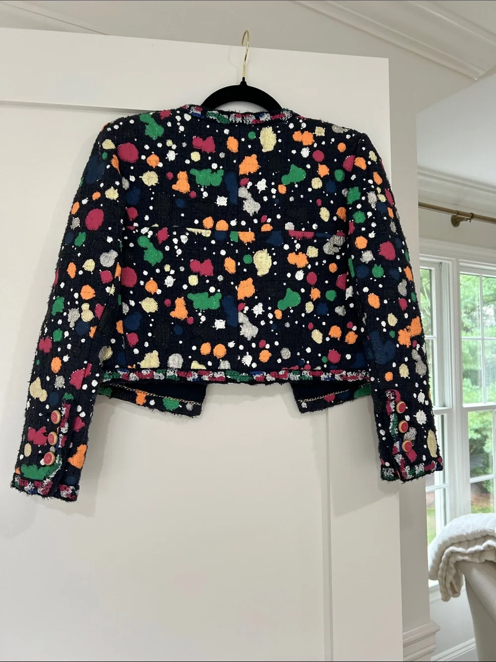 CHANEL Womens Washed Black Jacket with Multicolor Splatter - vintage